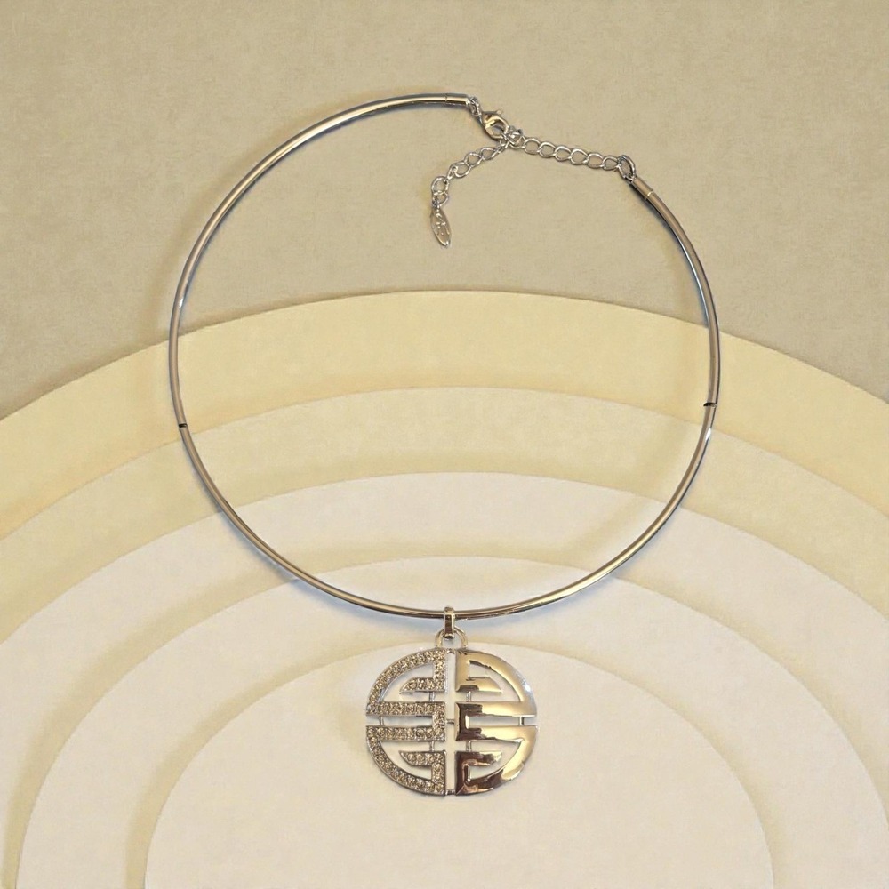 Roberto by RFM Silver Choker Necklace w/ Crystal Geometric Pendant  NWT Boxed